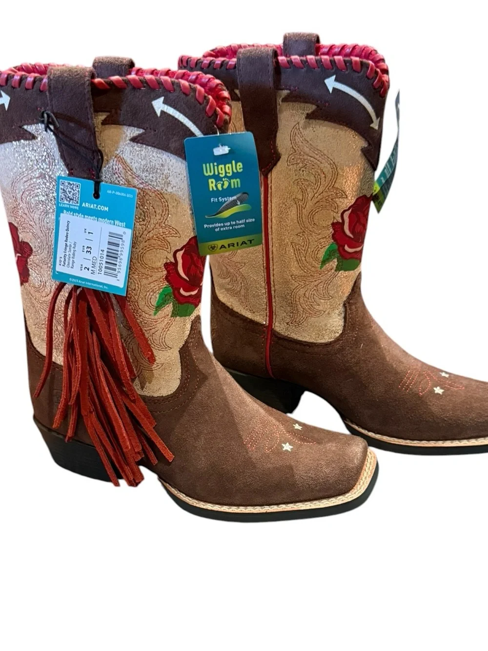 Ariat Futurity Fringe Brown & Cream Fringe Boots Red Rose Embroidery Girls Size2